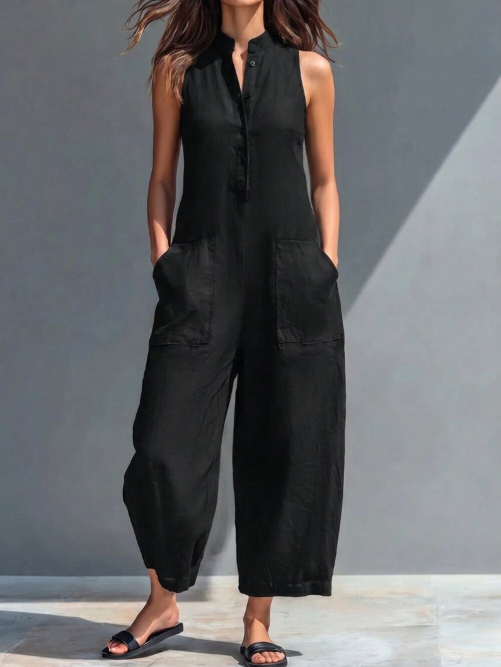 Minimalist Black Sleeveless Wide Leg Jumpsuit Overall